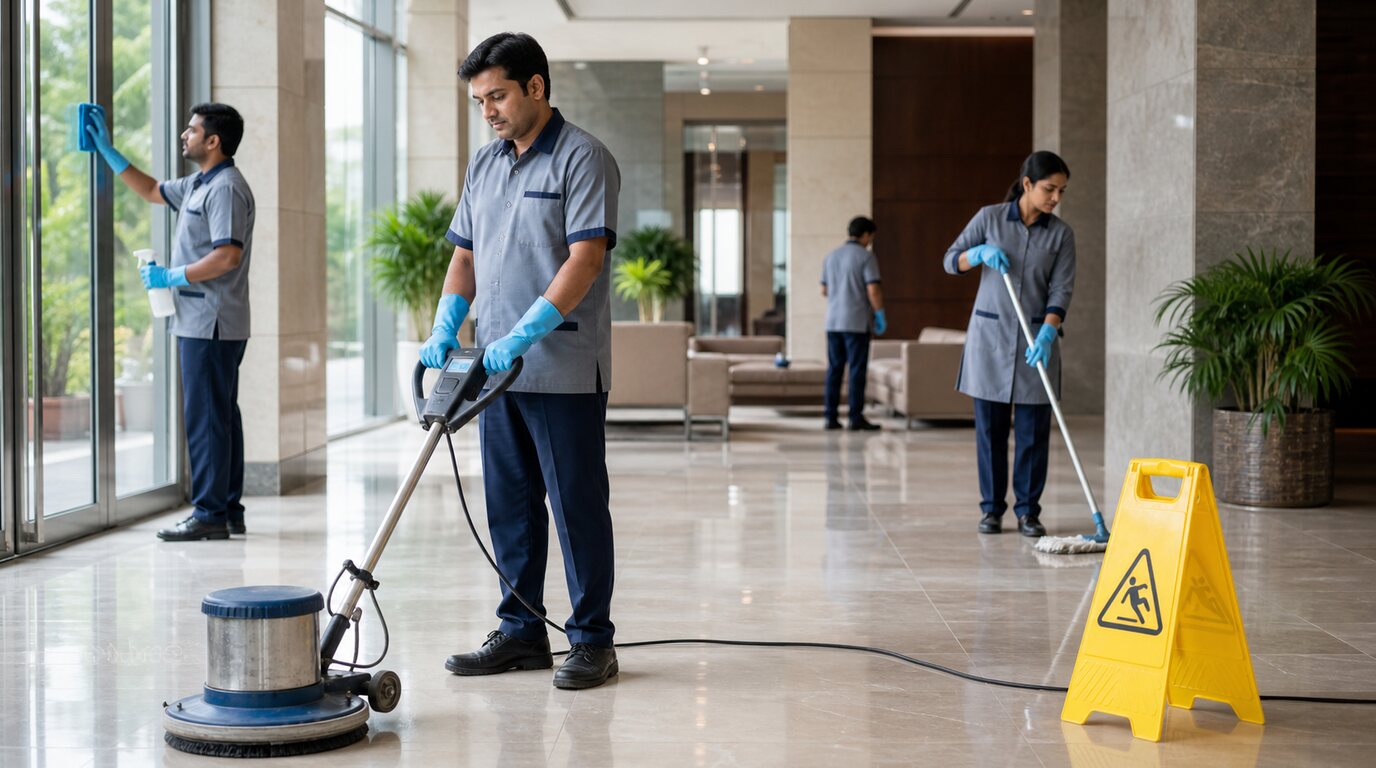 Bangladeshi cleaning staff completing supervised commercial-cleaning work