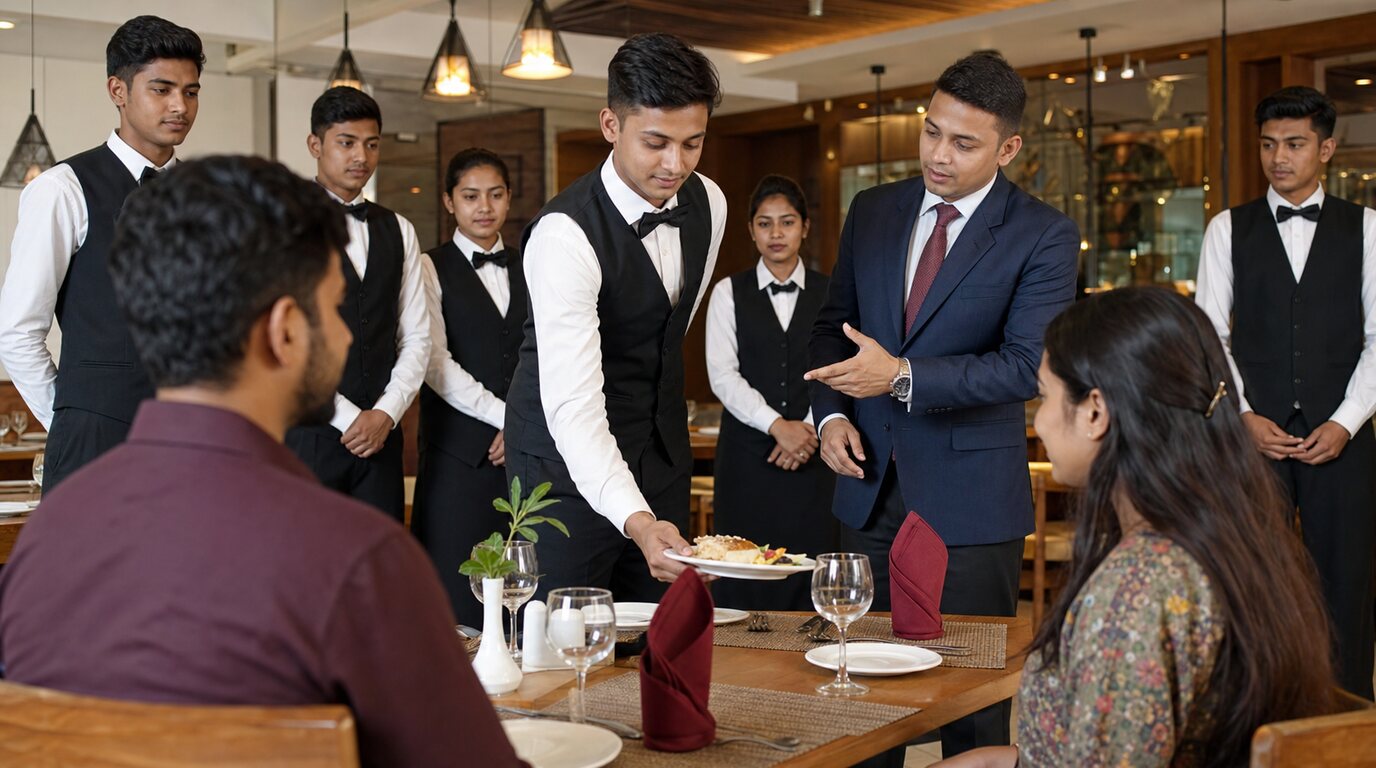 Bangladeshi hospitality staff practising professional guest service in a modern hotel